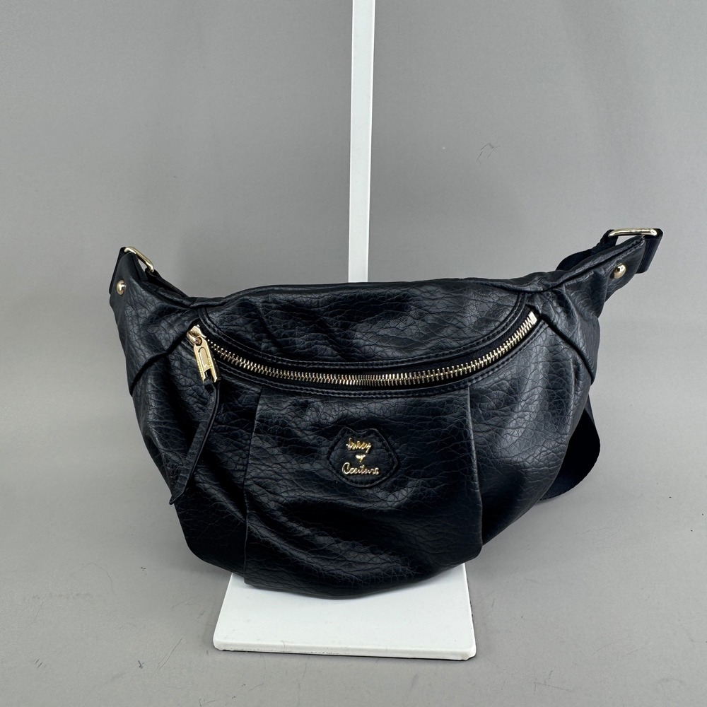 Juicy Couture Womens Belt Bag Fanny Pack Faux Leather Gold Logo Black Pebbled